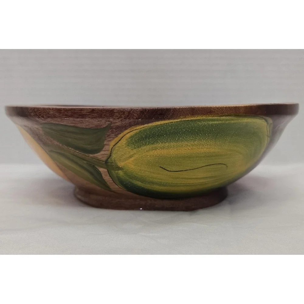 Vtg Hand Painted Mexican Wood Bowl Vibrant Fruit Folk Art Olinala Style Signed